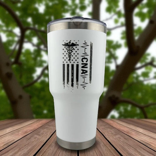 30 oz Double Wall Vacuum Insulated CNA Certified Nurses Assistant Tumbler with American Flag EKG and the caduceus