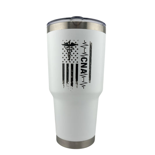 30 oz Double Wall Vacuum Insulated CNA Certified Nurses Assistant Tumbler with American Flag EKG and the caduceus