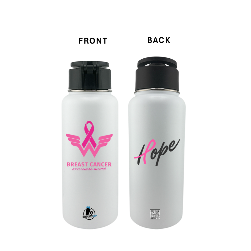 Breast Cancer Awareness Month 32 oz White Stainless Steel Tumbler with MagSafe™ Magnetic Phone Holder Lid | EnduroSip