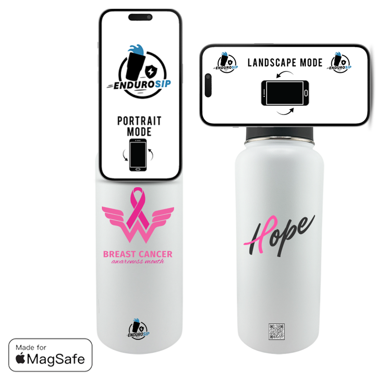 Breast Cancer Awareness Month 32 oz White Stainless Steel Tumbler with MagSafe™ Magnetic Phone Holder Lid | EnduroSip
