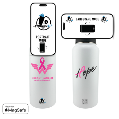 Breast Cancer Awareness Month 32 oz White Stainless Steel Tumbler with MagSafe™ Magnetic Phone Holder Lid | EnduroSip