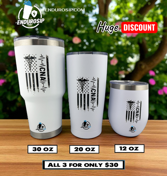 CNA 20 oz, 30 oz & 12 oz Double Wall Vacuum Insulated CNA Certified Nurses Assistant Tumbler (3 included)