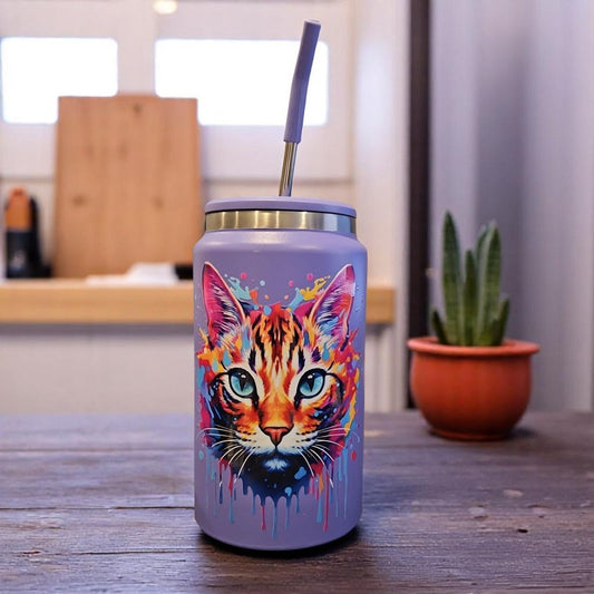 Colorful Splash Cat Kitten 50  oz Stainless Steel Tumbler  With Handle Purple Keeps Hot Keep Cold Double Wall Insulated