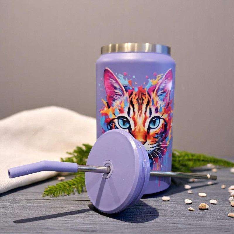 Colorful Splash Cat Kitten 50  oz Stainless Steel Tumbler  With Handle Purple Keeps Hot Keep Cold Double Wall Insulated