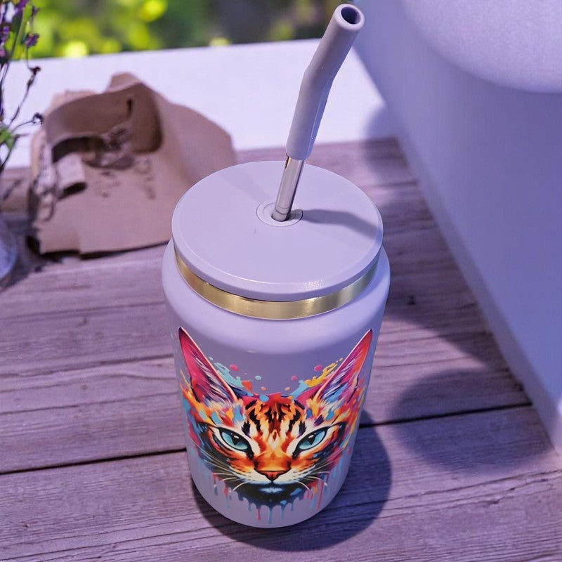 Colorful Splash Cat Kitten 50  oz Stainless Steel Tumbler  With Handle Purple Keeps Hot Keep Cold Double Wall Insulated