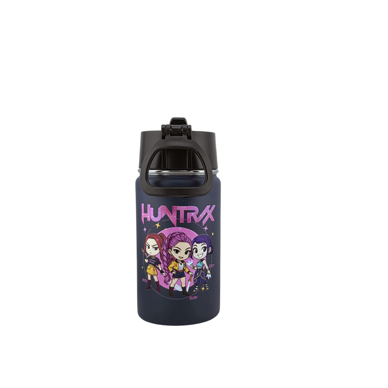 12 oz Kids Sports Kettle – Straw & Handle Bottle with Dual 3D UVDTF Stickers (Rumi, Zoey & Mira | K-Pop Demon Hunters)