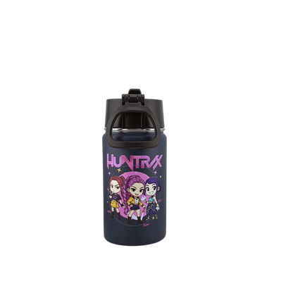 12 oz Kids Sports Kettle – Straw & Handle Bottle with Dual 3D UVDTF Stickers (Rumi, Zoey & Mira | K-Pop Demon Hunters)