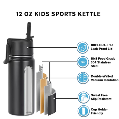 12 oz Kids Sports Kettle – Designed for Kids | Double-Wall Vacuum Insulated, BPA-Free Leak-Proof Lid, 18/8 Stainless Steel (Black/White/Pink/Blue) from Endurosip