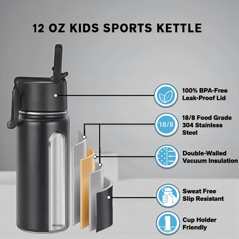 12 oz Kids Sports Kettle – EnduroSip® Double-Wall Insulated | Leak-Proof BPA-Free Lid | Rumi, Zoey & Mira K-Pop 3D UVDTF Sticker Edition