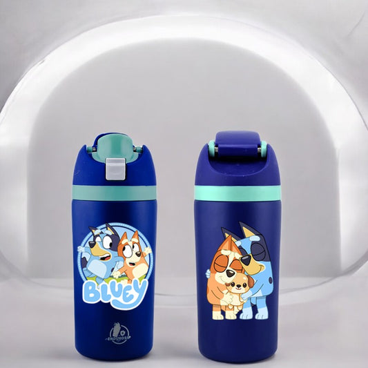 16 oz Bluey Cartoon Kids Fruit Bottle – Double-Sided UVDTF 3D Permasticker with Bluey, Bingo, Bandit & Chilli | Leak-Proof, Kid-Friendly | Blue