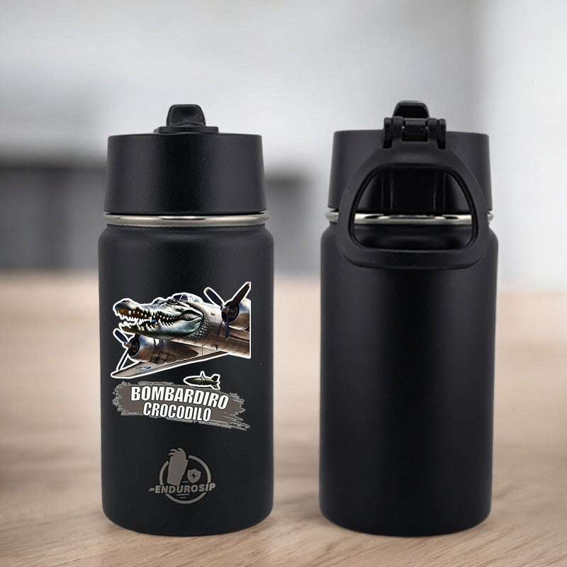 EnduroSip® 12 oz Water Bottle – Bombardiro Crocodilo Italian Brainrot | Black, Blue, Pink & White UVDTF 3D Permasticker