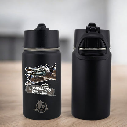 EnduroSip® 12 oz Water Bottle – Bombardiro Crocodilo Italian Brainrot | Black, Blue, Pink & White UVDTF 3D Permasticker