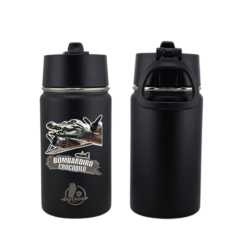 EnduroSip® 12 oz Water Bottle – Bombardiro Crocodilo Italian Brainrot | Black, Blue, Pink & White UVDTF 3D Permasticker