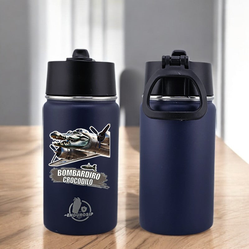 EnduroSip® 12 oz Water Bottle – Bombardiro Crocodilo Italian Brainrot | Black, Blue, Pink & White UVDTF 3D Permasticker