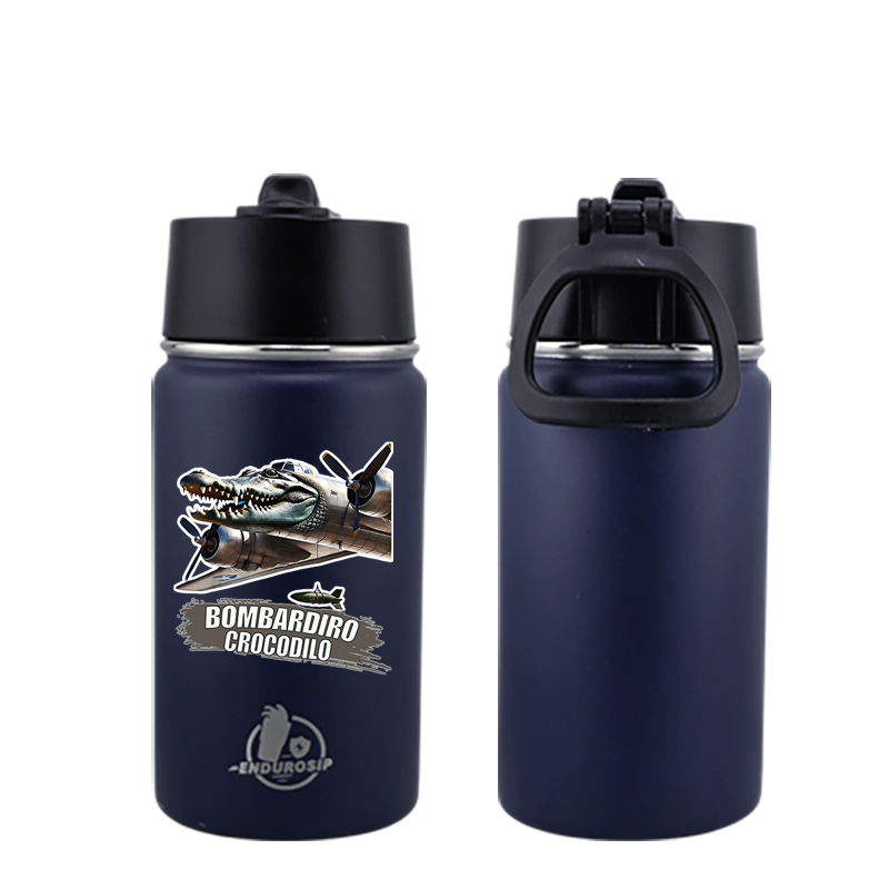 EnduroSip® 12 oz Water Bottle – Bombardiro Crocodilo Italian Brainrot | Black, Blue, Pink & White UVDTF 3D Permasticker