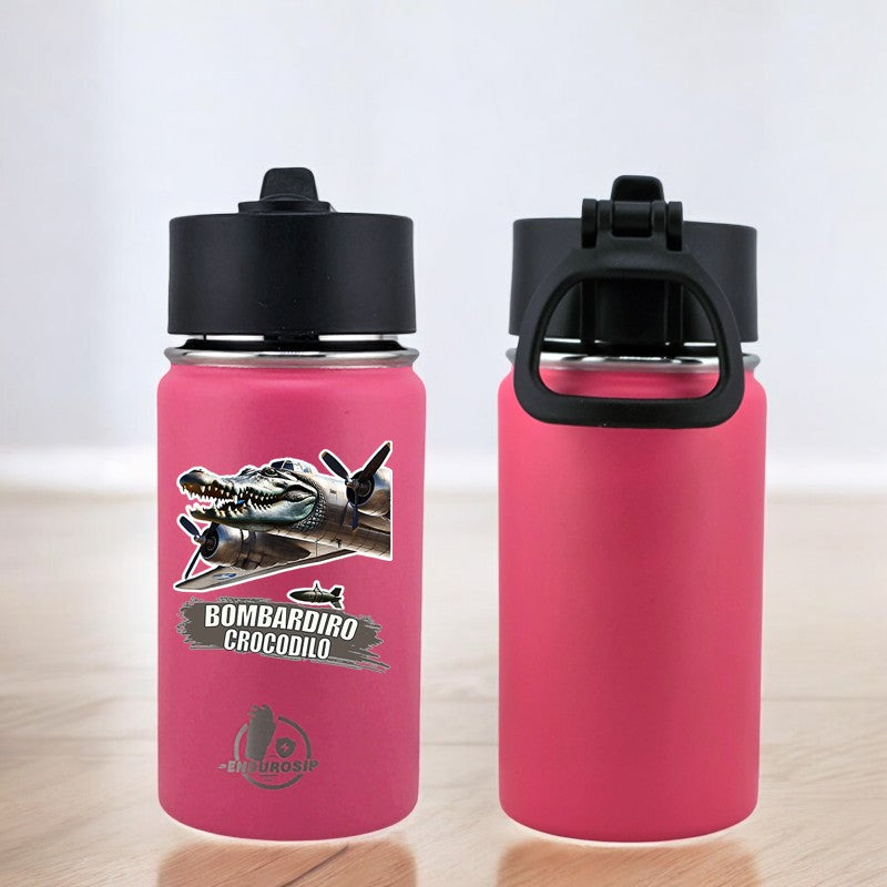 EnduroSip® 12 oz Water Bottle – Bombardiro Crocodilo Italian Brainrot | Black, Blue, Pink & White UVDTF 3D Permasticker