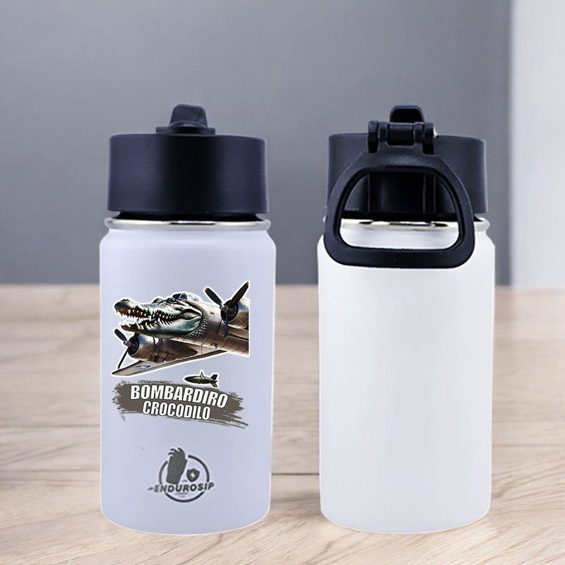 EnduroSip® 12 oz Water Bottle – Bombardiro Crocodilo Italian Brainrot | Black, Blue, Pink & White UVDTF 3D Permasticker