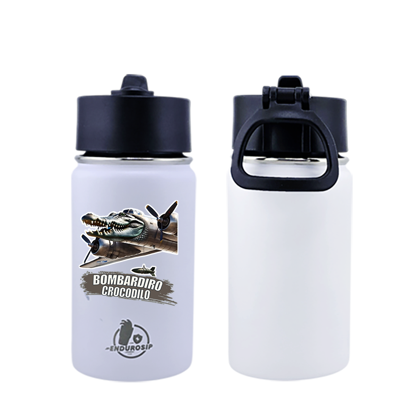 EnduroSip® 12 oz Water Bottle – Bombardiro Crocodilo Italian Brainrot | Black, Blue, Pink & White UVDTF 3D Permasticker