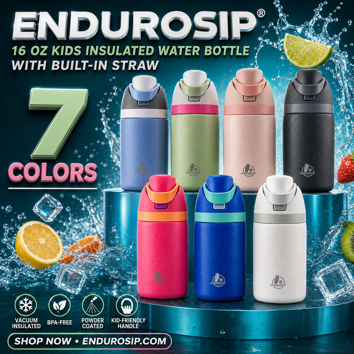 EnduroSip® 16 oz Kids Insulated Stainless Steel Water Bottle with Straw