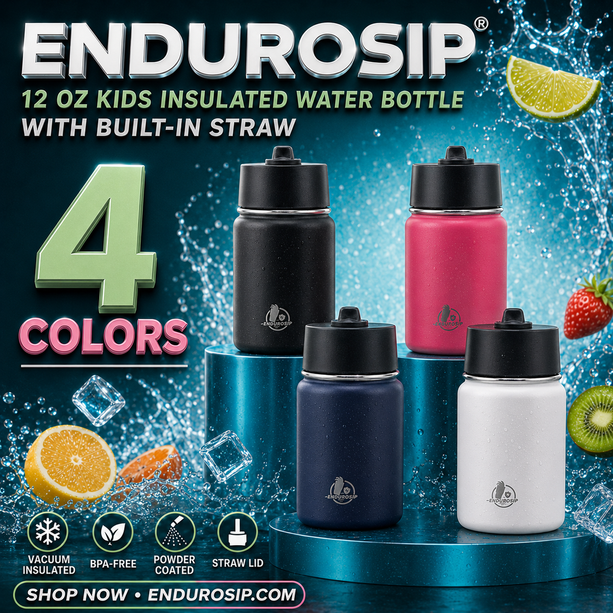 EnduroSip® 12 oz Kids Insulated Stainless Steel Water Bottle with Straw