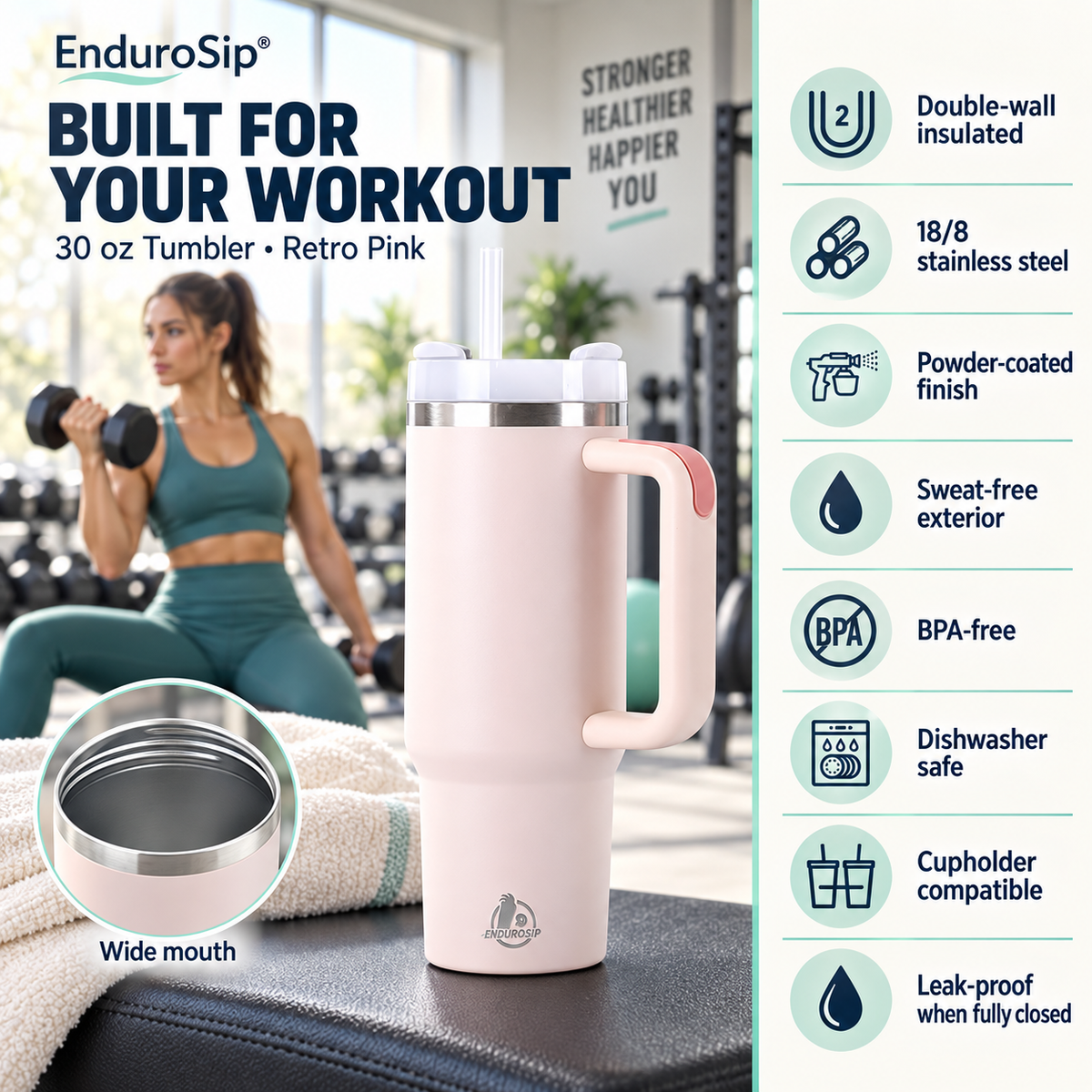 30oz Stainless Steel Tumbler with Handle & Straw – Double Wall, Car Cup Holder Friendly