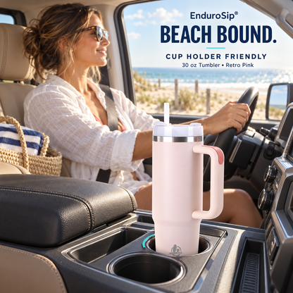 30oz Stainless Steel Tumbler with Handle & Straw – Double Wall, Car Cup Holder Friendly