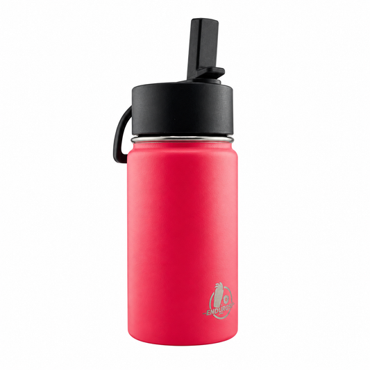 Alt text: EnduroSip 12 oz pink stainless steel kids water bottle with black lid, raised drinking spout, and carry loop.