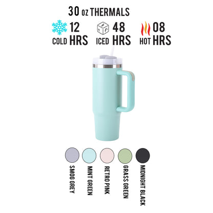 30oz Stainless Steel Tumbler with Handle & Straw – Double Wall, Car Cup Holder Friendly