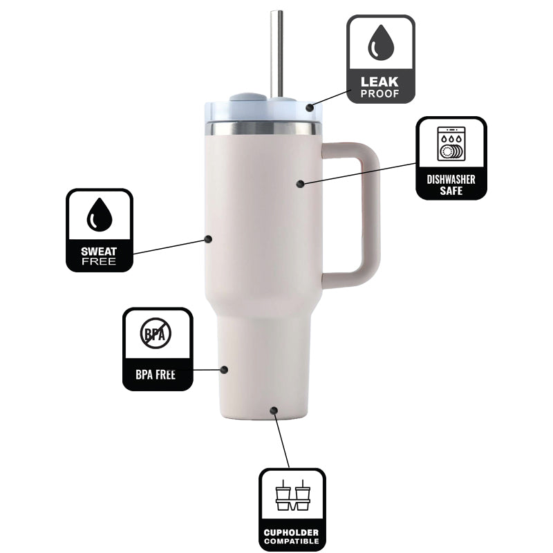 30oz Stainless Steel Tumbler with Handle & Straw – Double Wall, Car Cup Holder Friendly
