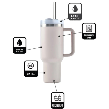 30oz Stainless Steel Tumbler with Handle & Straw – Double Wall, Car Cup Holder Friendly