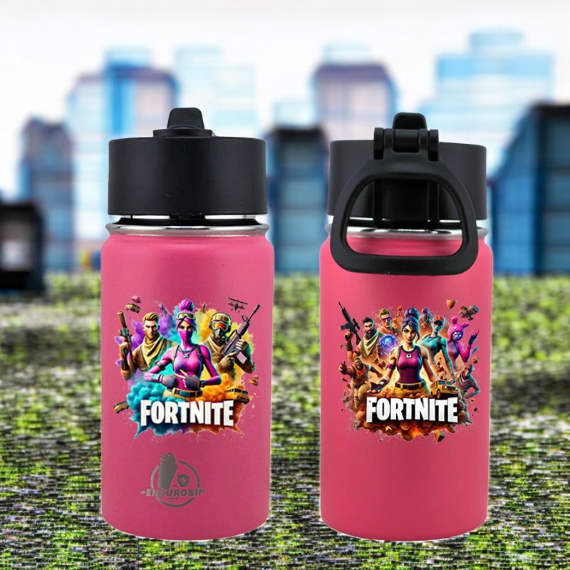 12 oz Fortnite Pink Kids Sports Kettle | Straw Lid & Carry Handle Bottle with Dual 3D UVDTF Stickers | Durable, Spill-Proof & Kid-Approved