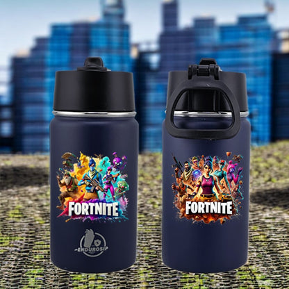 12 oz Fortnite Kids Sports Kettle – Blue | Straw & Carry Handle Bottle with Dual 3D UVDTF Stickers | Durable, Spill-Proof & Kid-Friendly