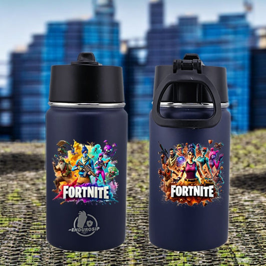 12 oz Fortnite Kids Sports Kettle – Blue | Straw & Carry Handle Bottle with Dual 3D UVDTF Stickers | Durable, Spill-Proof & Kid-Friendly