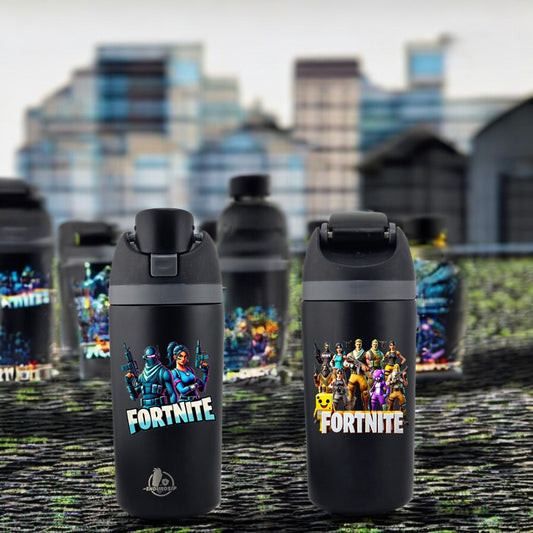 Fortnite Collection – 16 oz Kids Bottle | Double-Sided UVDTF 3D Permastickers | Spill-Proof, Durable & Kid-Friendly (Black)