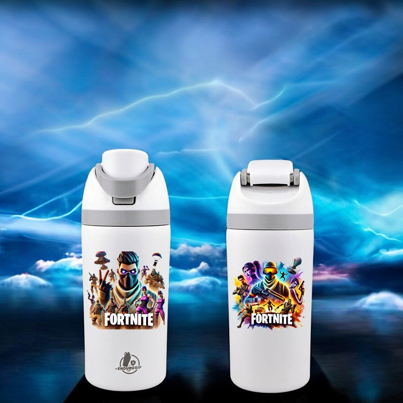 16 oz Fortnite Kids Water Bottle – White Edition | Double-Sided 3D UVDTF Design, Leak-Proof Flip Lid & Ultra-Durable Build