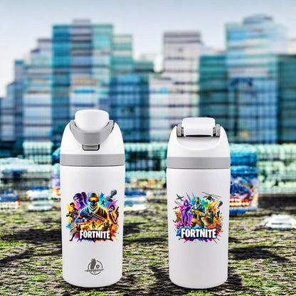 Fortnite Collection – 16 oz Kids Bottle (White) | Double-Sided UVDTF 3D Permastickers | Spill-Proof, Durable & Kid-Friendly