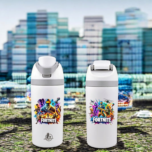 Fortnite Collection – 16 oz Kids Bottle (White) | Double-Sided UVDTF 3D Permastickers | Spill-Proof, Durable & Kid-Friendly