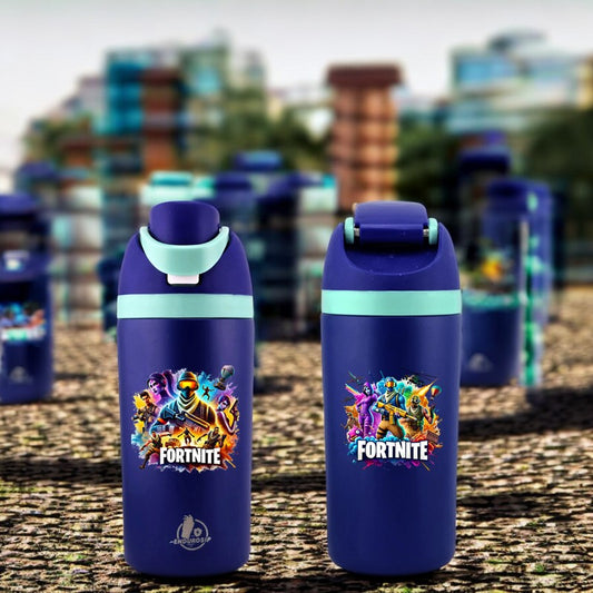 Fortnite Collection – 16 oz Kids Bottle (Blue) | Double-Sided UVDTF 3D Permastickers | Spill-Proof, Durable & Kid-Friendly