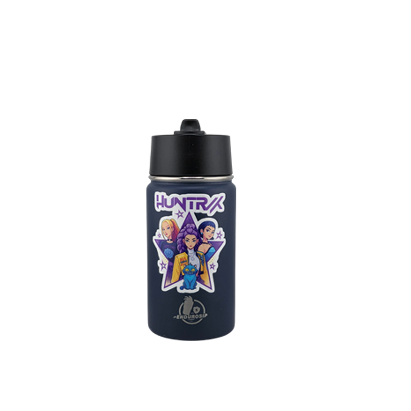 12 oz Kids Sports Kettle – Straw & Handle Bottle with Dual 3D UVDTF Stickers (Rumi, Zoey & Mira | K-Pop Demon Hunters)