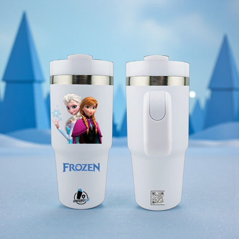14 oz Stainless Steel Tumbler With Handle – Frozen-Inspired | Single-Sided Double UVDTF 3D Permastickers | Vacuum Insulated & BPA-Free
