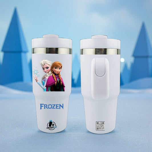 14 oz Stainless Steel Tumbler With Handle – Frozen-Inspired | Single-Sided Double UVDTF 3D Permastickers | Vacuum Insulated & BPA-Free
