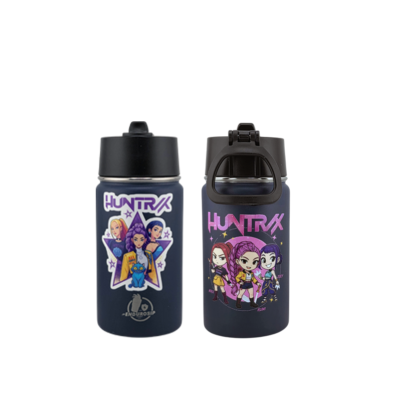 12 oz Kids Sports Kettle – Straw & Handle Bottle with Dual 3D UVDTF Stickers (Rumi, Zoey & Mira | K-Pop Demon Hunters)