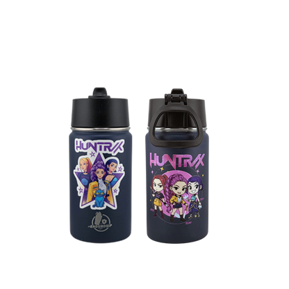 12 oz Kids Sports Kettle – Straw & Handle Bottle with Dual 3D UVDTF Stickers (Rumi, Zoey & Mira | K-Pop Demon Hunters)