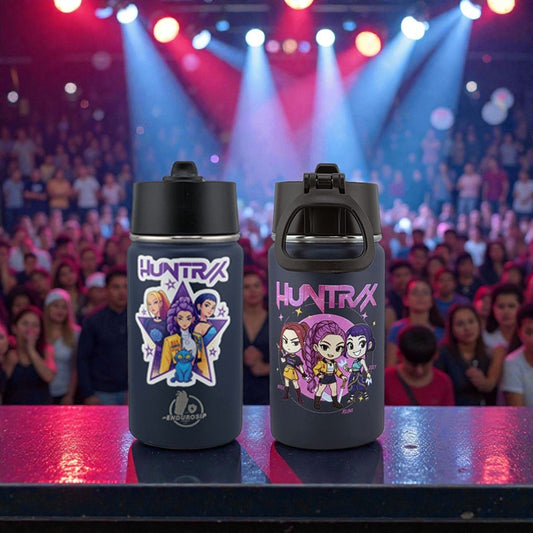 12 oz Kids Sports Kettle – Straw & Handle Bottle with Dual 3D UVDTF Stickers (Rumi, Zoey & Mira | K-Pop Demon Hunters)