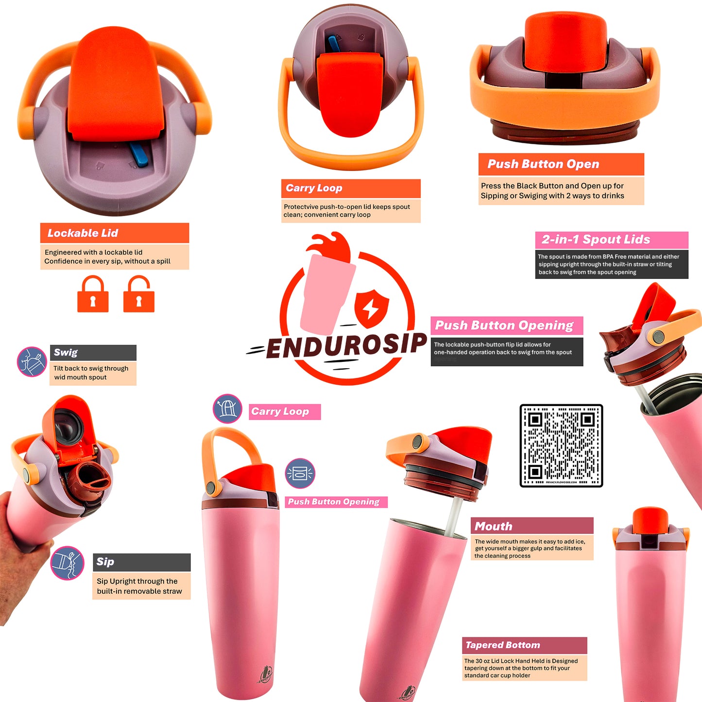 30 oz Lock Lid Handheld Stainless Steel Tumbler with Handle & Straw – EnduroSip