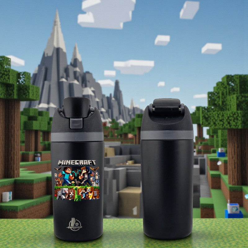 16 oz Minecraft-Inspired Kids Fruit Bottle – Single-Sided UVDTF 3D Permasticker Design | Leak-Proof & Kid-Friendly | Black