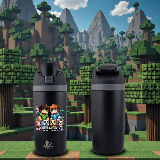 16 oz Minecraft-Inspired Kids Fruit Bottle – Single-Sided UVDTF 3D Permasticker Design | Leak-Proof & Kid-Friendly | Black