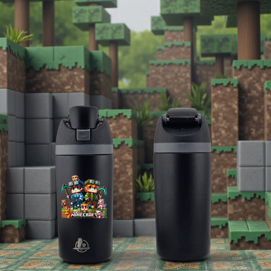 16 oz Minecraft Adventure Kids Bottle – Single-Sided UVDTF 3D Gaming Design | Spill-Proof, Durable & Kid-Friendly | Black Edition