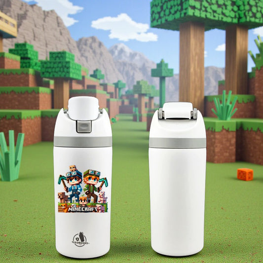 16 oz PixelCraft Kids Water Bottle – Single-Sided UVDTF 3D Gamer Design | Leak-Proof, Durable & Kid-Friendly | White Edition