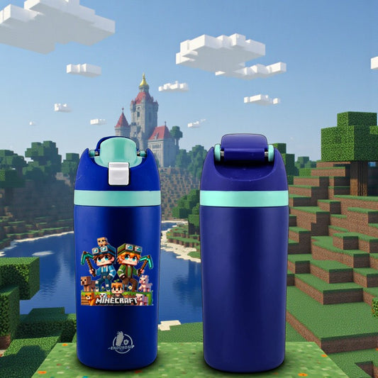 16 oz Blue Pixel Explorer Kids Bottle – Single-Sided UVDTF 3D Minecraft-Inspired Design | Spill-Proof, Durable & Kid-Friendly